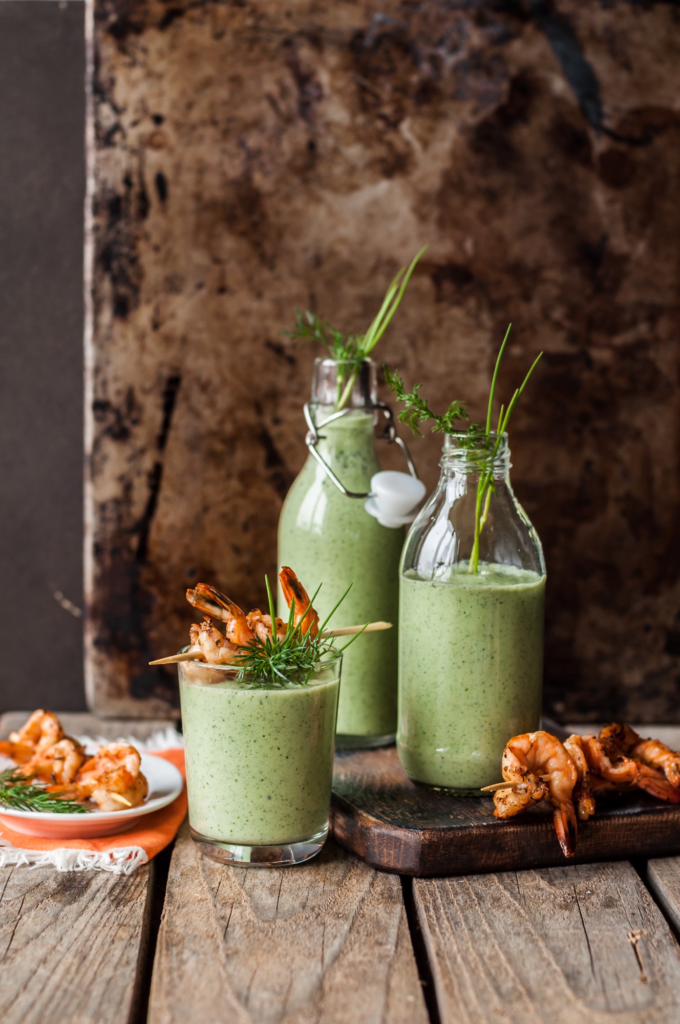 CHILLED CUCUMBER AND AVOCADO SOUP SPICED GRILLED PRAWNS
